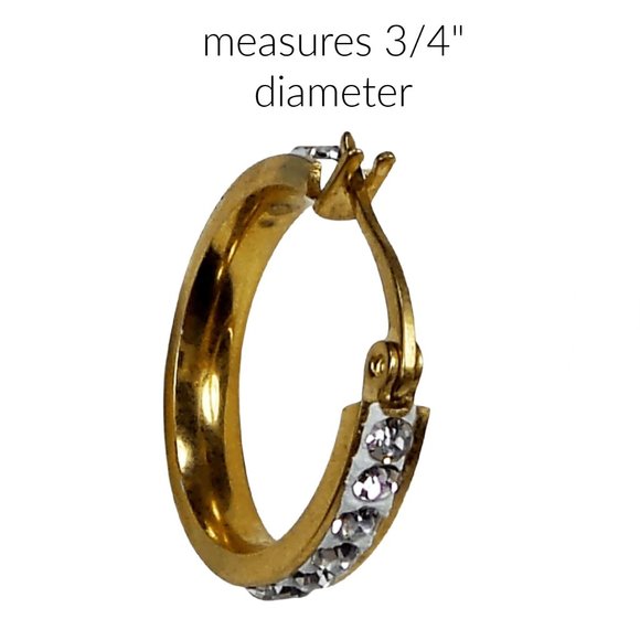 Hoop Earrings Stainless Steel Gold Plated and Clear Crystals 3/4" Diameter - Picture 2 of 3